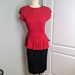 Vintage 80's Red and Black Women's Dress Retro Polka Dot Triangle